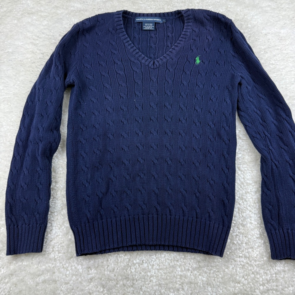 Ralph Lauren Sport Sweater Womens L Navy Blue V-Neck Cable Knit Cotton Pony Logo